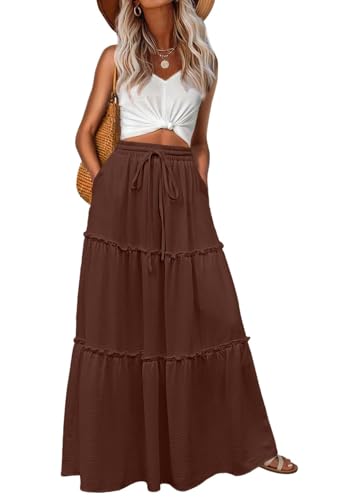 Image of Lepunuo Womens Casual Boho High Waisted Flowy Maxi Skirts Tiered Floral Long Skirts with Pockets for Summer Beach Vacation