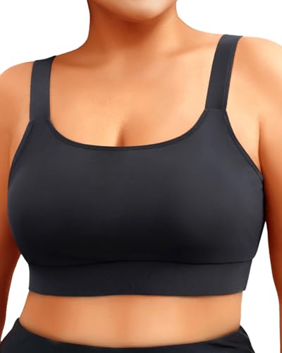 Daci Women Plus Size Sports Bra Bikini Top Only Push Up Scoop Neck Swim Top Full Coverage Bathing Suit for Large Bust Black 18 Plus