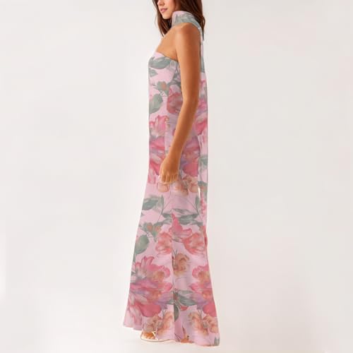 Women Floral Tube Maxi Dress with Scarf Summer Strapless Tube Bodycon Mesh Layer Cocktail Party Wedding Guest Dress3