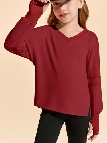 Image of Haloumoning Girls Oversized Long Sleeve T Shirts Kids Casual V Neck Cute Tops Basic Tees with Thumb Holes 5-14Y Burgundy