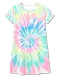 Topgal Teen/Little Girls Nightgown - Summer Short Sleeves Rainbow Tie-Dye Nightdress Pajama Size 8