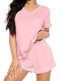 Ekouaer Pajamas Set for Women 2 Piece Short Sleeve Sleepwear Soft V Neck Tops and Shorts Pjs Lounge Set with Pocket,Pink,Large