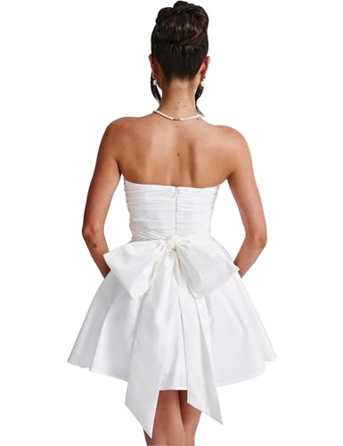 LuFeng Women's Strapless Mini Dress Ruched Sleeveless Off Shoulder A-Line Pleated Short Dress with Oversized Bow - Image 4
