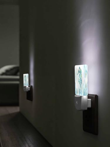 Image of Green Coastal Night Light Plug in LED Teal Coral Seahorse Ocean Marin Life Automatic Sensor Night Lamps Square Night-Light Plug into Wall for Bedroom Bathroom Kitchen Hallway Decor