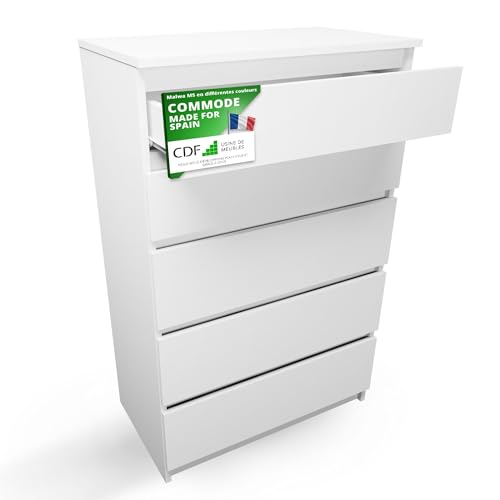 CDF Commode 5 Tiroirs Commode Chambre Blanc Meuble Armoire de Rangement Spacieux pour Salon Bureau Spacieuse et Design Moderne Facile à Installer 40x70x109,5...