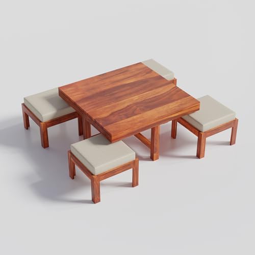 Image of Solid Sheesham Wood Coffee Table with 4 Stool | Square Centre Table with Stool | Center Table with 4 Stools for Living Room | Patio Table with 4 Puffy for Home | Natural Teak, Pre Assembled