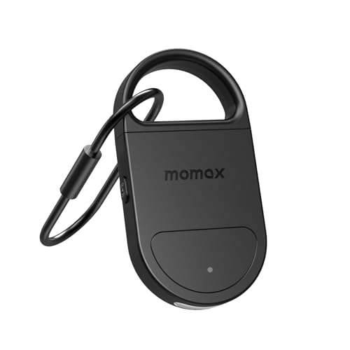 Momax Key Finder Tracker Tag – Smart Personal Alarm Rechargeable Tracking Device with SOS Alert & LED Strobe, Find My (iOS Only), Anti-Lost Tags with Keychain, Travel Gadget for Women, Girls, Black