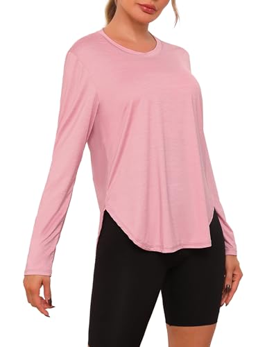 Terecey Damen Sport Langarmshirt Sommer UPF 50+ Sportshirt Atmungsaktiv Longsleeve Sonnenschutz Shirt Schnelltrocknend Locker Funktionsshirt für Fitness Yoga Training Rosa-M
