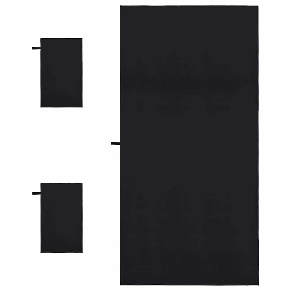 Juego de 3 toallas de deporte de color negro de poliéster y poliamida con superficie suave al tacto, de secado rápido, absorbente para gimnasio, camping, playa y bienestar