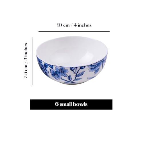 Image of GOLDEN QUEEN'S Bowl Set of 6 | Perfect for Rice, Dal, Curry, Snacks & More | Microwave Safe | 4 Inch Wide - Sapphire Bloom Bowls