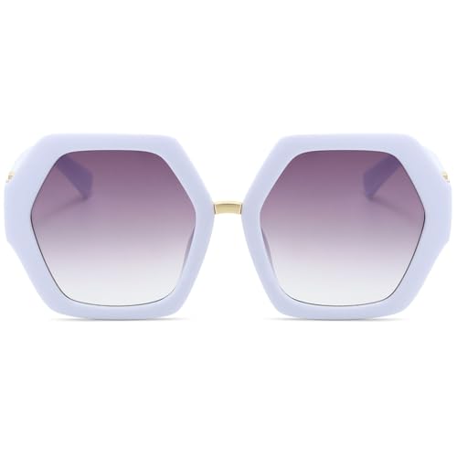 Hanj Hexagonal Retro Sunglasses for Women Oversized Vintage 60s 70s Square Sun Glasses Fashion Polygonal Classic Shades (White Frame Gradient Lenses)