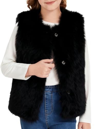 Flygo Girls Faux Fur Vest Kids Sleeveless Open Front Fluffy Jacket Warm Winter Fuzzy Waistcoat Outerwear with Pockets