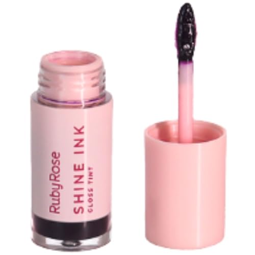 Embalagem do Gloss Tint Ruby Rose Shine Ink modelo HBL6600-6 SI60 na cor rosa claro, com o aplicador removido e posicionado ao lado do frasco.