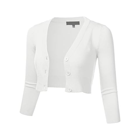 FLORIA Women Solid Button Down 3/4 Sleeve Cropped Bolero Cardigan Sweater White L Cover