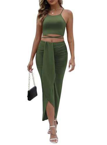 HUUSA Women's Summer Club Slit Maxi Skirt Set Fashion Dresses Sleeveless Crewneck High Waist 2 Piece Long Dress Set With Slit Olive S