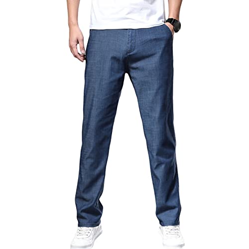 Maiyifu-GJ Men's Straight Fit Stretch Jeans Lightweight Soft Comfort Denim Jeans Solid Color Casual Straight Leg Jean Pants (Dark Blue,36)