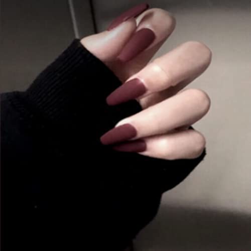 24 Pièces Faux Ongles, French Press on Nails Long Faux Ongles À Presser faux Ongles Couverture Complète,Faux Ongles avec Colle Pour Femme et Fille (vin) Cover