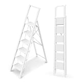 WOA WOA 6 Step Ladder, Lightweight Folding ladders with Wide Pedals, Slim Stepladder for Narrow Spaces, Tall Ladder for High Ceilings with Handrails, Kitchen Aluminum Ladder 300lbs - White