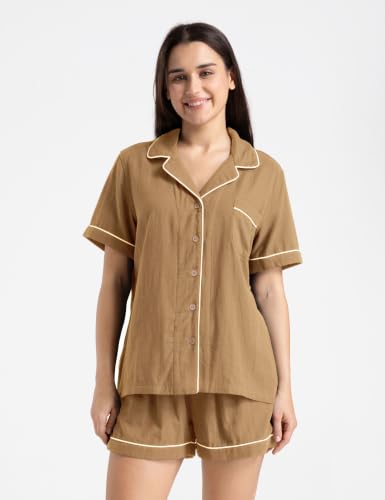 Image of Womens Muslin Pajama Sets 100% Cotton Double Gauze Linen Like Short Pjs | Breathable Soft Comfort Button Up Loungewear Sleepwear PJ Set