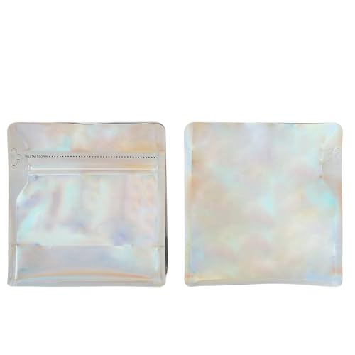 QQ Studio 50ps High Barrier Flat Bottom Standing Storage Bags, Reusable Heat Sealable Side Zipper Pouch for Roasted Coffee Beans (Glossy Silver Holographic, 1/4 lb)