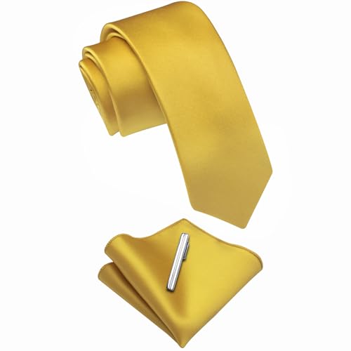 Image of YourTies Skinny Ties for Men Satin 2.4 inch Slim Necktie with Pocket Square Tie Clip Set Solid Color Wedding Party Business