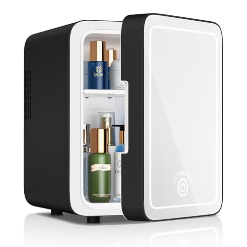 Image of CUTIEWORLD Makeup Fridge With Dimmable LED Light Mirror, 4L Mini Fridge for Bedroom, Car, Office & Dorm, Cooler & Warmer, Portable Small Refrigerator for Cosmetics, Skin Care and Food, Black