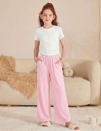 Image of Arshiner Girls 2 Piece Outfit Ruched Drawstring Tops and Wide Leg Pants Set