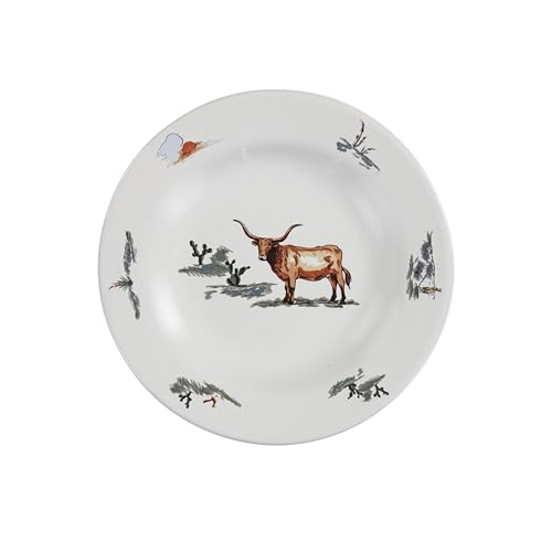 Image of Paseo Road Ranch Life 16 Piece Ceramic Dinnerware Set with Plates, Bowls, Coffee Mugs, Duffle Bag, Cow Longhorn Horse Cowboy Pattern, Southwestern Rustic Cabin Lodge Style