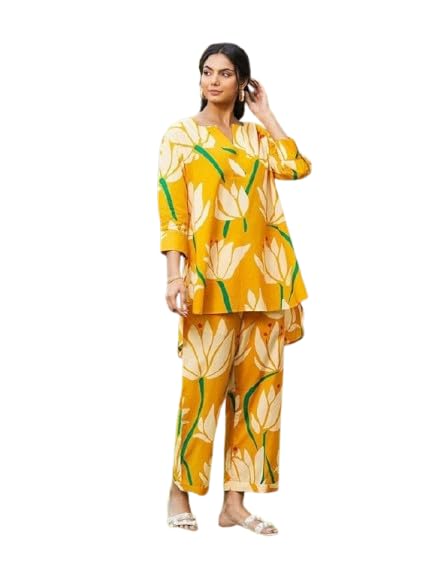 Women's Yellow Floral Print Co-ord Set with Top and Pants-image-43