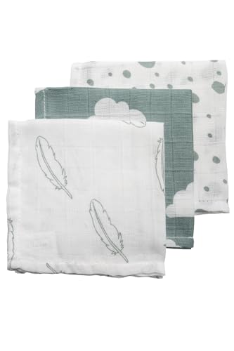 Pañales hidrófilos para eructar Meyco - plumas/puntos - juego de 3-30x30cm - verde piedra/blanco