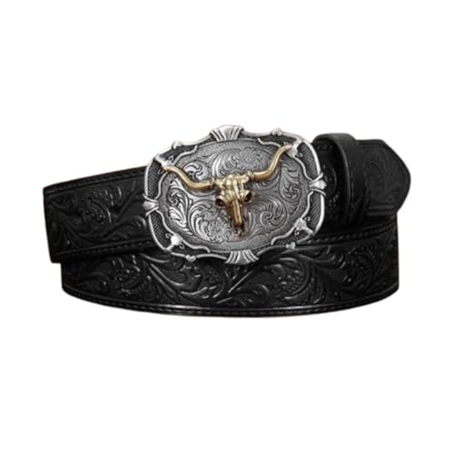 Men's Women's Embossed Western Floral Snap Belt,Stitched Strap with Engraved Gold Longhorn Bull Skull Head Buckle