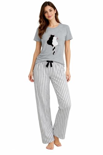 Fabienne Womens Sleepwear T-Shirt and Pants Turkish Cotton Pajama Set Homewear Sleepwear with Attractive Fruit Prints (UAE/KSA Alpha M Regular Regular Print-D)
