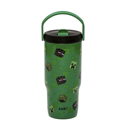 Zak Designs Minecraft Siply Sutton Tumbler For School or Travel 20oz Durable Stainless Steel Water Bottle With Handle and Leak-Proof Flip-Up Straw BPA Free (Mobs)