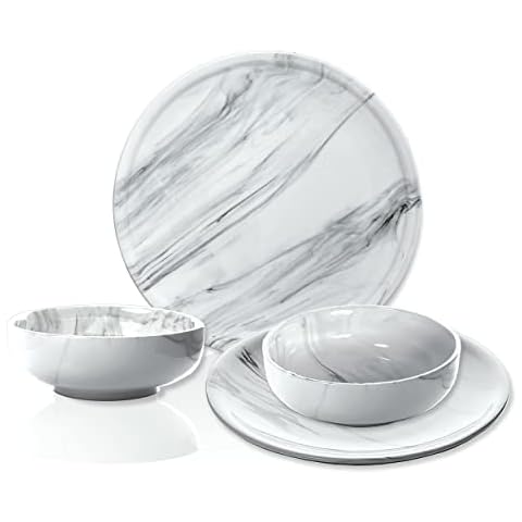 CK Home Modern Coupe Plates and Bowls. Fine Porcelain with Chic Marble Finish. Dinnerware Service for 2 Cover
