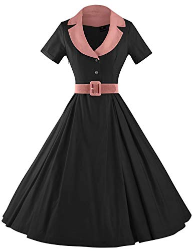 GownTown Women's Audrey Hepburn Style Short Sleeve Belt Waist Cocktail Dress Black