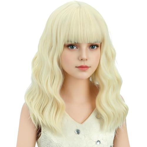Image of Adult Light Blonde Wig Women Short Blonde Wavy Curly Wigs Adult Wig with Air Bangs Synthetic Cosplay Hair Wigs