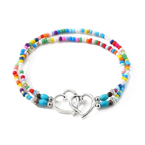 IQIC Ankle Bracelets for Women Waterproof Elastic Heart Anklet Stretchy Ankle Bracelets Colorful Beaded Anklets Boho Ankle Bracelets Silver Beach Anklet Jewelry Accessories for Summer