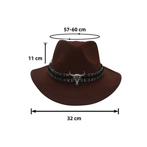 Image of Women Men Faux Felt Western Cowboy Hat with Ox Head Belt Buckle Mexican Cowgirl Wool Hat Newsboy Top Cap Wide Brim Fedora