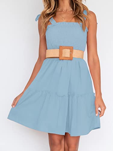 ZESICA Women's 2025 Summer Spaghetti Strap Sleeveless Square Neck Ruffle A Line Swing Mini Dress