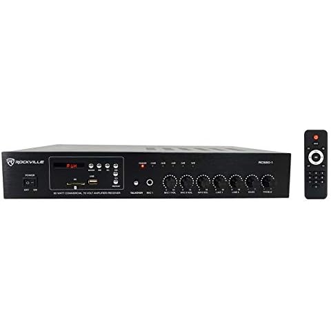 Rockville RCS80-1 60 Watt 70V Commercial Amplifier, Bluetooth, 2 Mic Inputs Perfect for Restaurants, Bars, Cafés, Schools, Conference Rooms, Lounges Cover