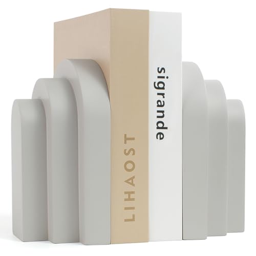 LIN CHUAN Heavy Duty Book Ends for Shelves, Decorative Bookends for Heavy Books Set of 2, 6.6 LBS Modern Book Stopper for Home Decor, Bookshelf, Aesthetic Bookend with Layered Arch Design, Gray