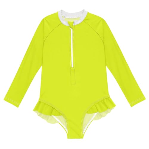 Image of Plain Neon Yellowish Green Baby Girl Bathing Suit Long Sleeve UPF 50+ One Piece Toddler Swimsuit Size 3T