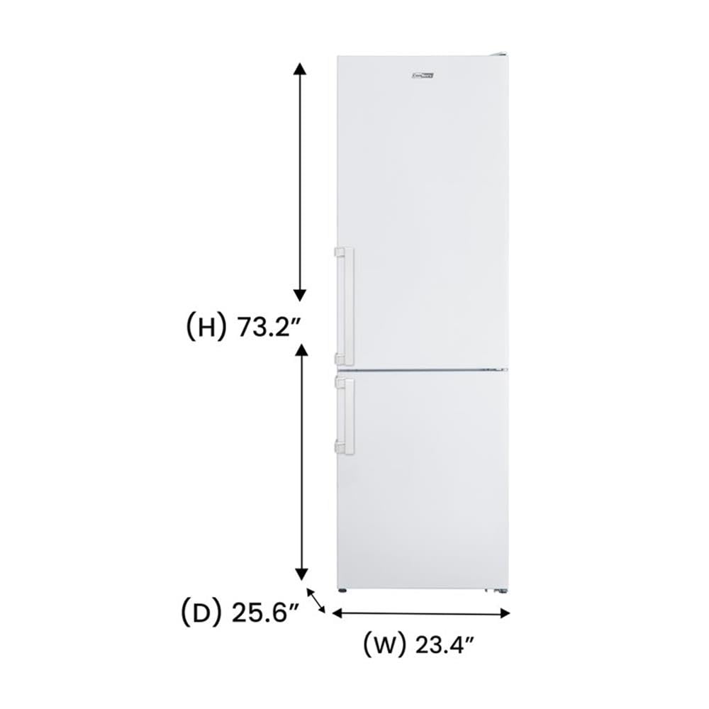 Pemberly Row 12cf No Frost Bottom Freezer Refrigerator, White Finish, LED Lighting, Wine Rack, Garage-Ready Design, Adjustable Shelves, Energy-Efficient, Dual Control, 73.2x23.4x25.6 in Dimensions on Fridge.com