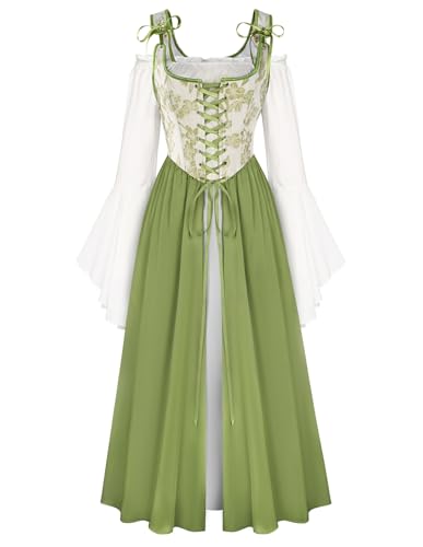 Scarlet Darkness Women Renaissance Dress Peasant Medieval Dress Bell Sleeve Maxi Fairy Dress Green 12