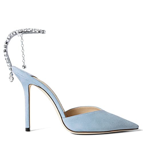 Image of LauraVicci Women's Heeled Sandals Crystal Chain Ankle Straps Rhinestones Buckle High Heels Stiletto Slip On Wedding Party Satin Dress Shoes