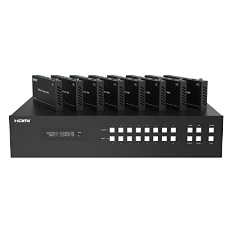 FOURKAY 8x8 4K over Cat6/7 Ethernet Matrix Switch with 8 Receivers. HDBT. 150m range. 4K -> 1080p downscaling. Audio Extraction. 2U rack mountable Cover