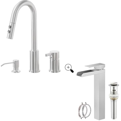 Tall Waterfall Bathroom Faucet, Vessel Sink Faucet + 3 Hole Kitchen Faucet with Soap Dispenser, Brushed Nickel Cover