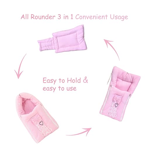 Image of Fareto Combo of Baby Bed with Net | Carry Bag | 4 Pcs Bedding Set (0-6 Months, Baby Size, Cotton) (M Piink)