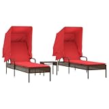 KMUNGDWG Patio Sun Loungers 2 Pcs with Retractable Canopy, Adjustable Backrest and Tea Table, Brown PE Rattan Outdoor Sun Lounger Set with Thick Cushion