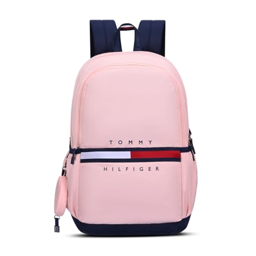 Image of Tommy Hilfiger Ultra-Lightweight School Backpack Trote - Blush Pink+Navy | Large 3-Compartment Student Bag with Extra Accessory Pouch | Soft File Sleeve & Water-Resistant Twill | 34L Capacity